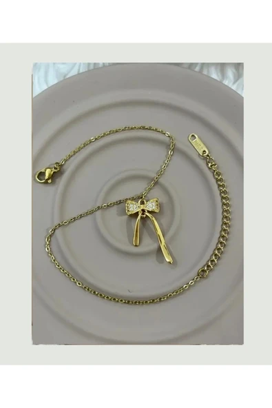 Çelik Gold Taşlı Fiyonk Detaylı İnce Halhal ürün görseli 1