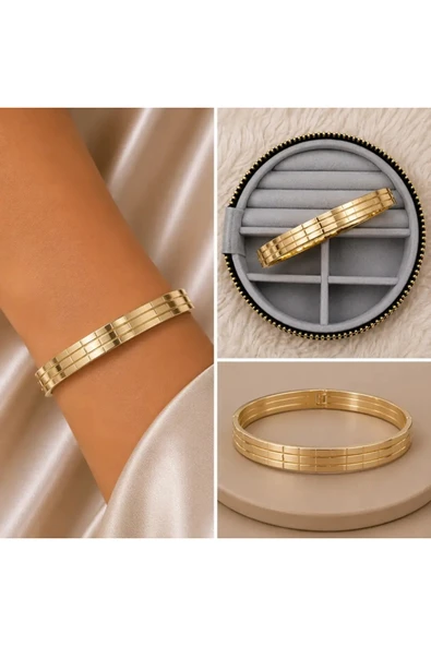 Minimal Çizgi Detaylı Gold Kelepçe Bileklik ürün görseli 1