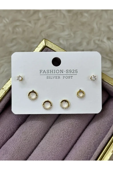 Zirkon Taşlı Mini Halka & Tek Taş Küpe Seti – Gold ürün görseli 1