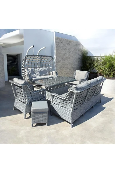 SERCANGARDEN (SALINCAK HEDİYELİ)Rattan Bahçe Takımı Oturma Grubu 3'lü - 7 Kişilik Gri ürün görseli 1