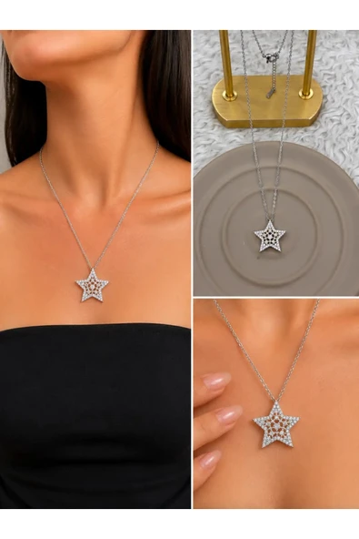Işıltılı Yıldız Taşlı Silver/Gold Kolye ürün görseli 1