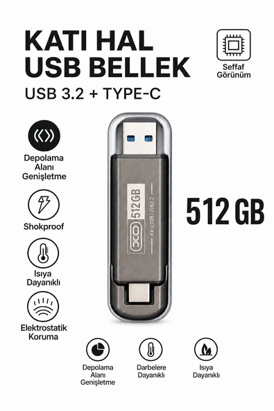512 GB KATI HAL USB BELLEK USB 3.2 + TYPE-C ÇİFT GİRİŞLİ TAŞINABİLİR FLASH BELLEK TELEFONDA BİLGİSAYARA AKTARMA YÜKSEK HIZLI DAYANIKLI VE ÇOK KORUMALI SSD KORUMALI DARBEYE DAYANIKLI ANTİ ürün görseli 1