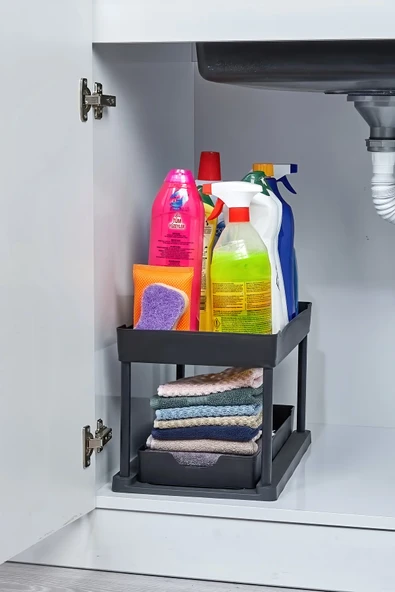 Siyah 2 Katlı Sürgülü Dolapiçi Mutfak Banyo Dolap Tezgah Altı Evye Altı ürün görseli 1