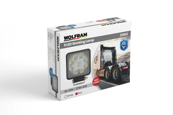 Led Kare Çalışma Lambası 9 Led Beyaz Işık Kırmızı Stop Fonksiyonlu 10/30v E-belgeli 27 6w - WOLFRAM 31903 ürün görseli 1