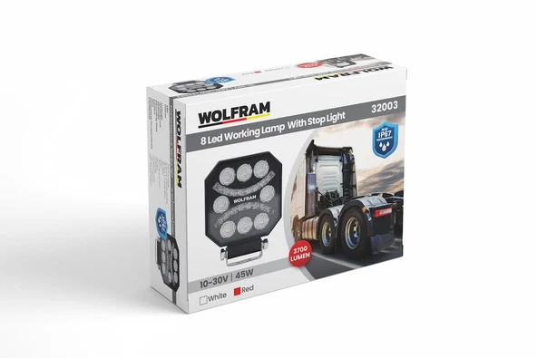 Led Çalışma Lambası Emojili 8 Led Beyaz + Kırmızı Spot Fonksiyonlu 10/30V E-Belgeli 45W - WOLFRAM 32003 ürün görseli 1
