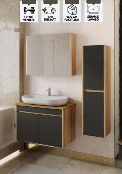 Karen Banyo Luna 80 Cm Tezgahlı, Aynalı Banyo Dolabı Seti, Seramik Lavabo Dahil ürün görseli 1