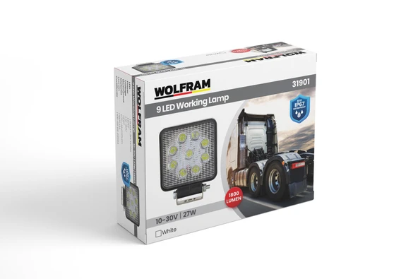 Led Kare Çalışma Lambası 9 Led Beyaz Işık 10/30V E-Belgeli 27W - WOLFRAM 31901 ürün görseli 1