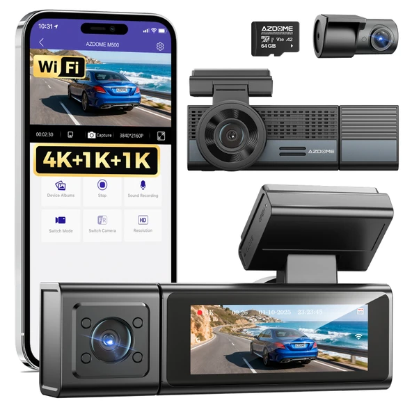 AZDOME M500 3 Kameralı 4K Ultra HD Gece Görüşlü WiFi GPS Araç İçi Kamera ürün görseli 1