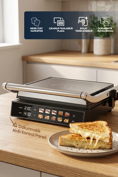SSM-2597 10 Ön Ayarlı Dijital Ekranlı Sıcaklık/Zaman Göstergeli Döküm Izgara ve Tost Makinesi 2000W Marka ürün görseli 1