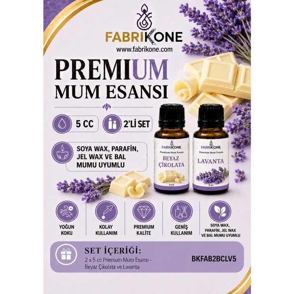 Premium Mum Esansı 5 cc 2'li Set - Beyaz Çikolata, Lavanta - Soya Wax, Parafin, Jel Wax ve Bal Mumu Uyumlu BKFAB2BCLV5 ürün görseli 1
