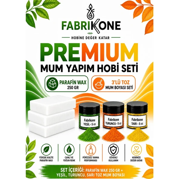 Premium Mum Yapım Hobi Seti - Parafin Wax 250 gr - 3'lü Toz Mum Boyası Seti - Yeşil, Turuncu, Sarı BKFABPW2503YTSR ürün görseli 1