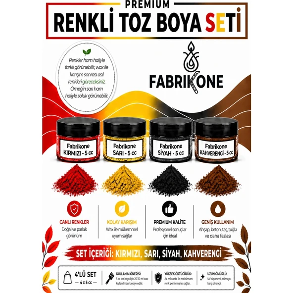 4'lü Set Premium Parafin Soya Wax Toz Mum Boyası Hobi Seti - 5 cc (Kırmızı, Sarı, Siyah, Kahverengi) BKFAB4KSRSKH5G ürün görseli 1