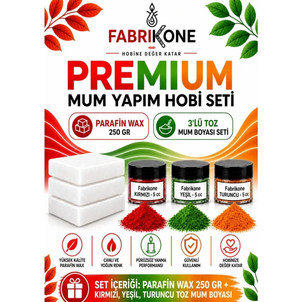 Premium Mum Yapım Hobi Seti - Parafin Wax 250 gr - 3'lü Toz Mum Boyası Seti - Kırmızı, Yeşil, Turuncu BKFABPW2503KYT ürün görseli 1