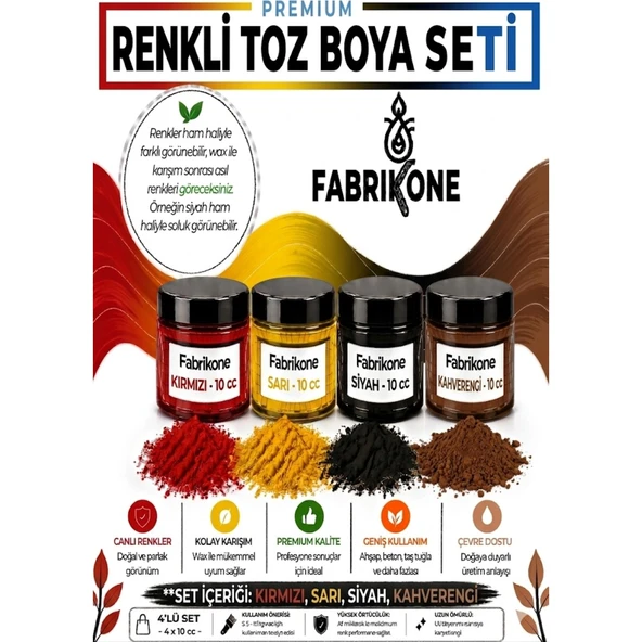 Toz Mum Boyası Seti 10 cc 4’lü – Soya & Parafin Wax Için – Kırmızı, Sarı, Siyah, Kahverengi BKFAB4KSRSKH10G ürün görseli 1