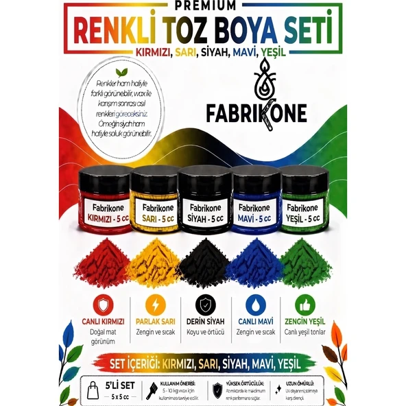 5'li Set Premium Parafin Soya Wax Toz Mum Boyası Hobi Seti - 5 cc (Kırmızı, Sarı, Siyah, Mavi, Yeşil) BKFAB5KSRSMY5G ürün görseli 1