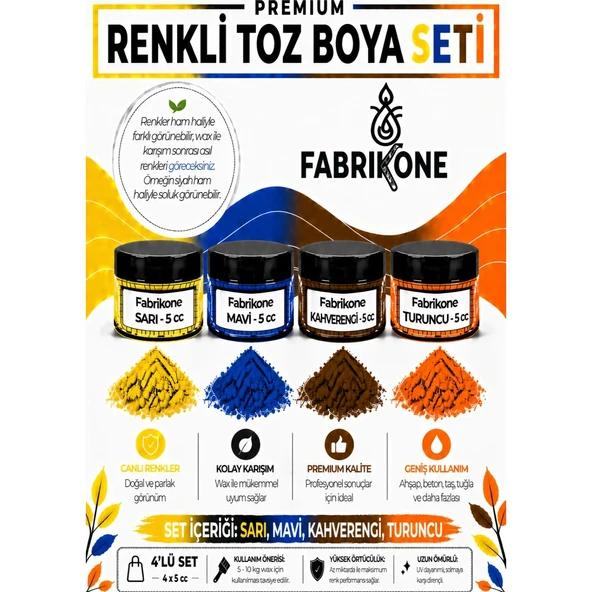 4'lü Set Premium Parafin Soya Wax Toz Mum Boyası Hobi Seti - 5 cc (Sarı, Mavi, Kahverengi, Turuncu) BKFAB4SRMKHT5G ürün görseli 1