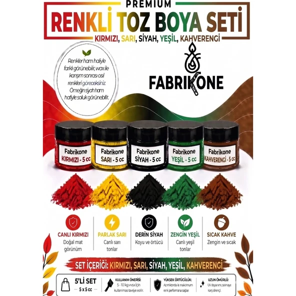 5'li Set Premium Parafin Soya Wax Toz Mum Boyası Hobi Seti - 5 cc (Kırmızı, Sarı, Siyah, Yeşil, Kahverengi) BKFAB5KSRSYKH5G ürün görseli 1