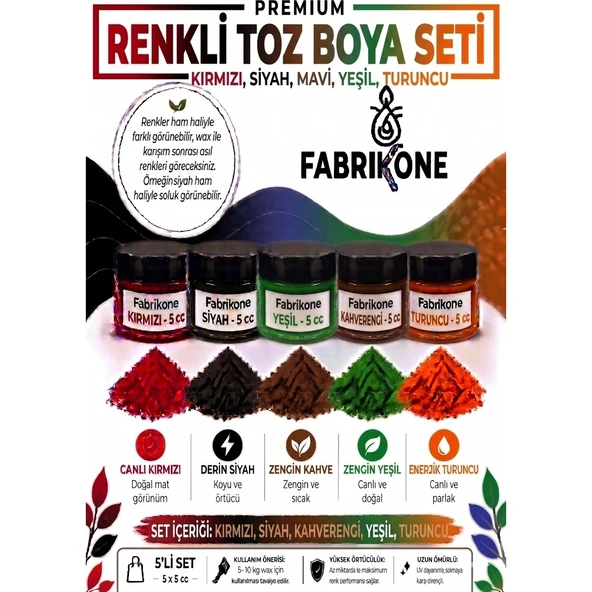 5'li Set Premium Parafin Soya Wax Toz Mum Boyası Hobi Seti - 5 cc (Kırmızı, Siyah, Yeşil, Kahverengi, Turuncu) BKFAB5KSYKHT5G ürün görseli 1