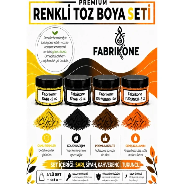 4'lü Set Premium Parafin Soya Wax Toz Mum Boyası Hobi Seti - 5 cc (Sarı, Siyah, Kahverengi, Turuncu) BKFAB4SRSKHT5G ürün görseli 1