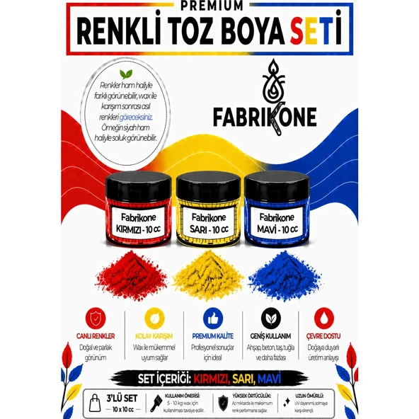 3'lü Set Premium Parafin Soya Wax Toz Mum Boyası Hobi Seti - 10 cc (Kırmızı, Sarı, Mavi) BKFAB3KSRM10G ürün görseli 1