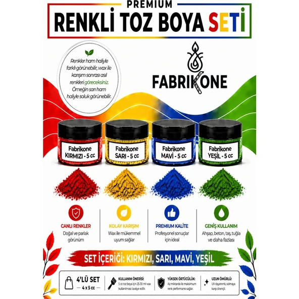 4'lü Set Premium Parafin Soya Wax Toz Mum Boyası Hobi Seti - 5 cc (Kırmızı, Sarı, Mavi, Yeşil) BKFAB4KSRMY5G ürün görseli 1