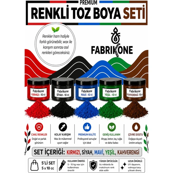 Toz Mum Boyası Seti 10 cc 5'li – Soya & Parafin Wax Için – Kırmızı, Siyah, Mavi, Yeşil, Kahverengi BKFAB5KSMYKH10G ürün görseli 1