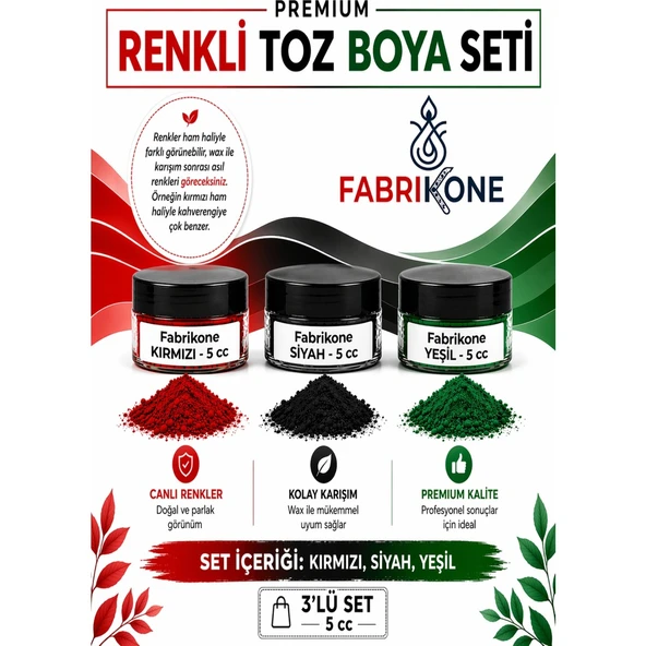 3'lü Set Premium Parafin Soya Wax Toz Mum Boyası Hobi Seti - 5 cc (Kırmızı, Siyah, Yeşil) BKFAB3KSY5G ürün görseli 1
