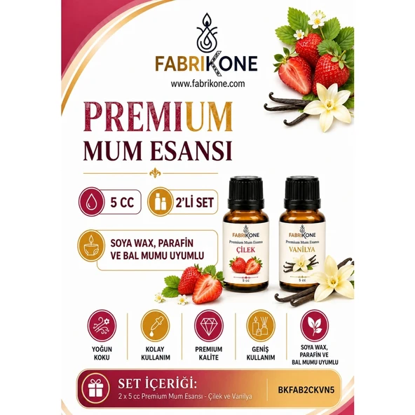 Premium Mum Esansı 5 cc 2'li Set - Çilek, Vanilya - Soya Wax, Parafin, Jel Wax ve Bal Mumu Uyumlu BKFAB2CKVN5 ürün görseli 1