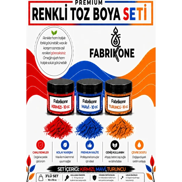 3'lü Set Premium Parafin Soya Wax Toz Mum Boyası Hobi Seti - 10 cc (Kırmızı, Mavi, Turuncu) BKFAB3KMT10G ürün görseli 1