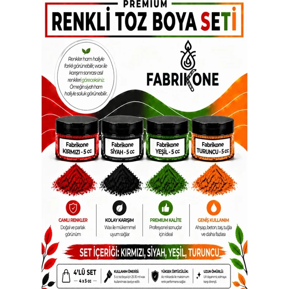 4'lü Set Premium Parafin Soya Wax Toz Mum Boyası Hobi Seti - 5 cc (Kırmızı, Siyah, Yeşil, Turuncu) BKFAB4KSYT5G ürün görseli 1