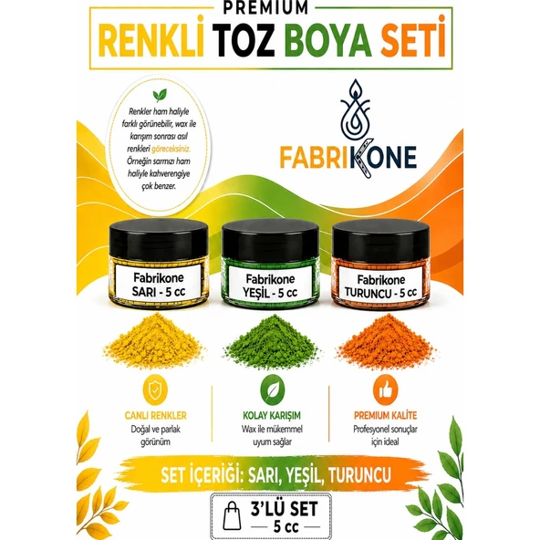 3'lü Set Premium Parafin Soya Wax Toz Mum Boyası Hobi Seti - 5 cc (Sarı, Yeşil, Turuncu) BKFAB3SRYT5G ürün görseli 1
