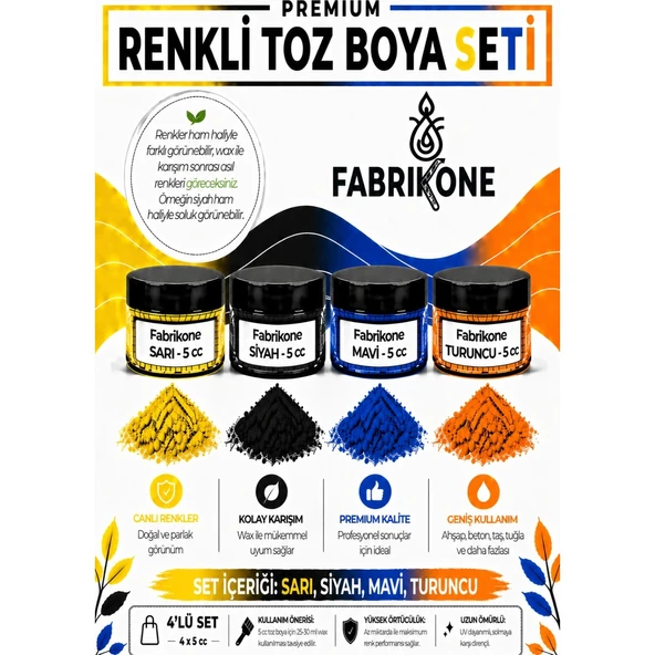 4'lü Set Premium Parafin Soya Wax Toz Mum Boyası Hobi Seti - 5 cc (Sarı, Siyah, Mavi, Turuncu) BKFAB4SRSMT5G ürün görseli 1