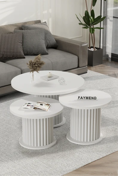 FAYMEND NUUNY Modern 3'Lü Ahşap Sehpa 'Mat Beyaz' ürün görseli 1