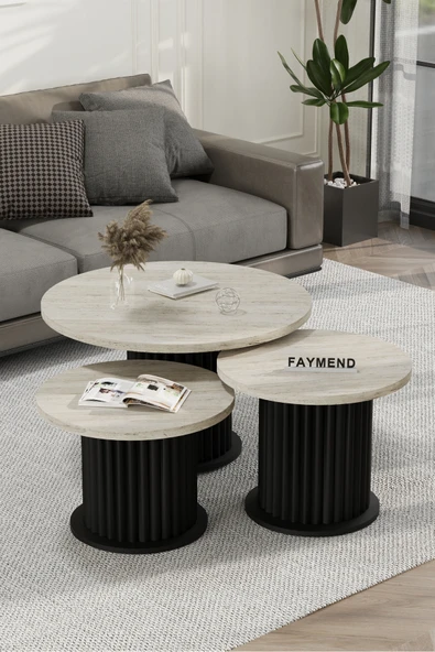 FAYMEND NUUNY Bohem Modern 3'Lü Ahşap Sehpa 'SİYAH - TRAVERTEN^' ürün görseli 1