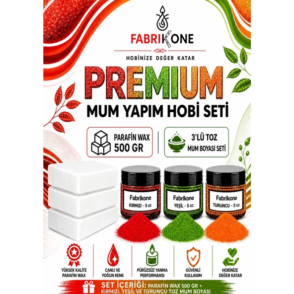 Premium Mum Yapım Hobi Seti - Parafin Wax 500 gr - 3'lü Toz Mum Boyası Seti - Kırmızı, Yeşil, Turuncu BKFABPW5003KYT ürün görseli 1