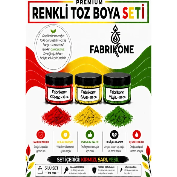 3'lü Set Premium Parafin Soya Wax Toz Mum Boyası Hobi Seti - 10 cc (Kırmızı, Sarı, Yeşil) BKFAB3KSRY10G ürün görseli 1