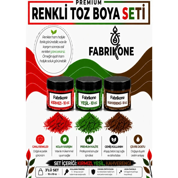 3'lü Set Premium Parafin Soya Wax Toz Mum Boyası Hobi Seti - 10 cc (Kırmızı, Yeşil, Kahverengi) BKFAB3KYKH10G ürün görseli 1
