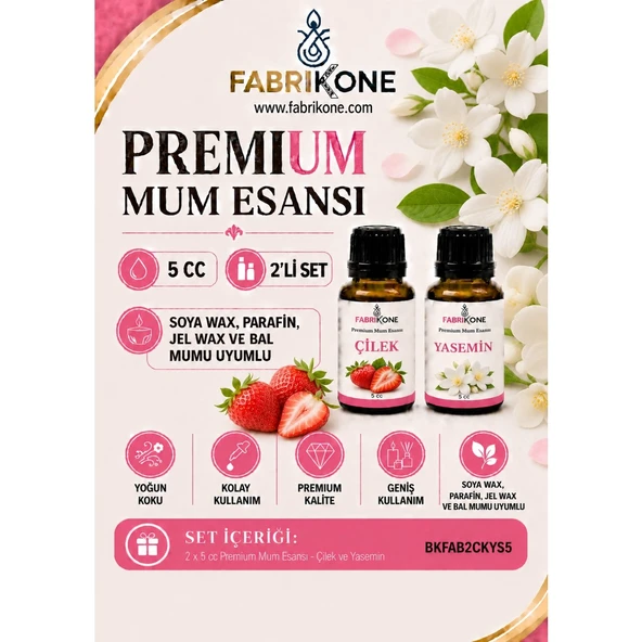 Premium Mum Esansı 5 cc 2'li Set - Çilek, Yasemin - Soya Wax, Parafin, Jel Wax ve Bal Mumu Uyumlu BKFAB2CKYS5 ürün görseli 1