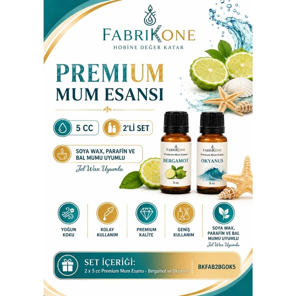 Premium Mum Esansı 5 cc 2'li Set - Bergamot, Okyanus - Soya Wax, Parafin, Jel Wax ve Bal Mumu Uyumlu BKFAB2BGOK5 ürün görseli 1