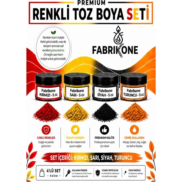 4'lü Set Premium Parafin Soya Wax Toz Mum Boyası Hobi Seti - 5 cc (Kırmızı, Sarı, Siyah, Turuncu) BKFAB4KSRST5G ürün görseli 1