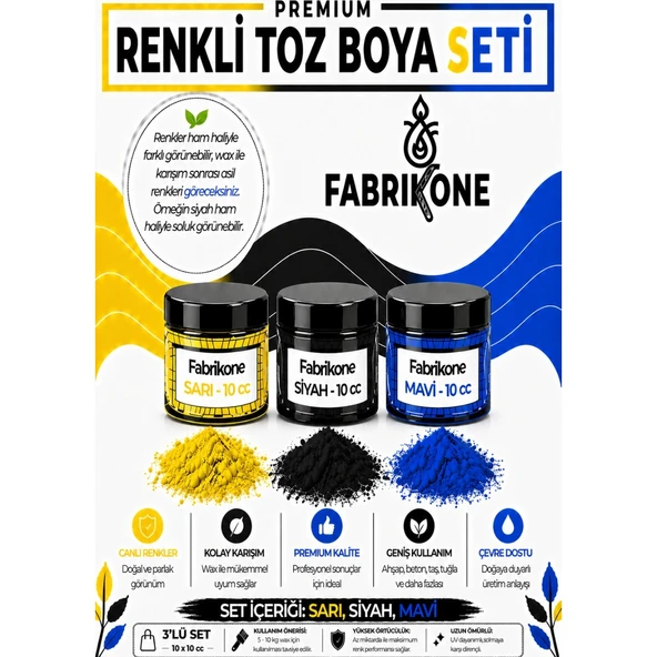 Toz Mum Boyası Seti 10 cc 3’lü – Soya & Parafin Wax Için – Sarı, Siyah, Mavi BKFAB3SRSM10G ürün görseli 1