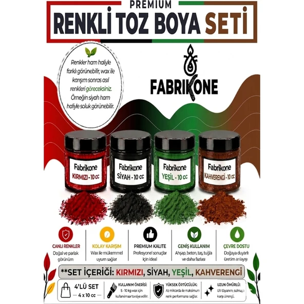 Toz Mum Boyası Seti 10 cc 4’lü – Soya & Parafin Wax Için – Kırmızı, Siyah, Yeşil, Kahverengi BKFAB4KSYKH10G ürün görseli 1