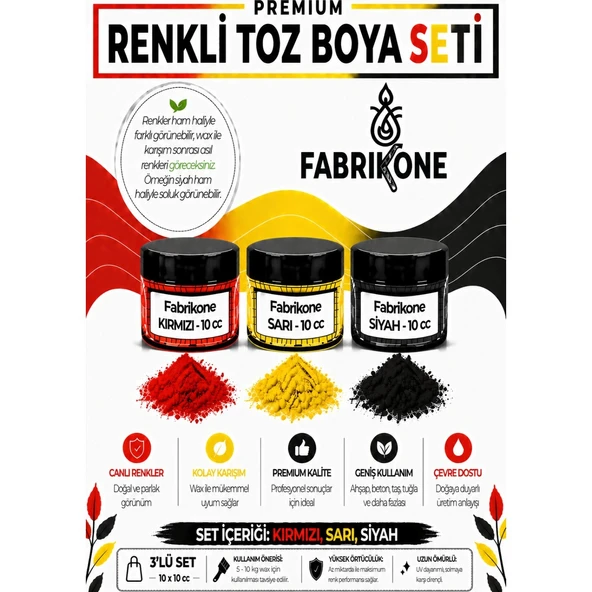 3'lü Set Premium Parafin Soya Wax Toz Mum Boyası Hobi Seti - 10 cc (Kırmızı, Sarı, Siyah) BKFAB3KSRS10G ürün görseli 1