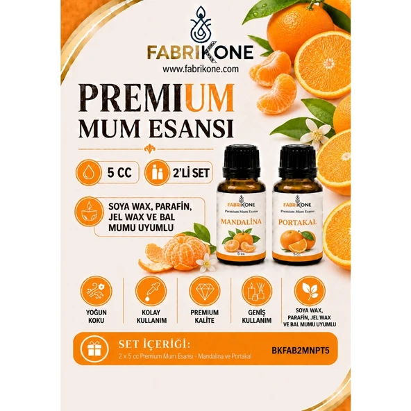 Premium Mum Esansı 5 cc 2'li Set - Mandalina, Portakal - Soya Wax, Parafin, Jel Wax ve Bal Mumu Uyumlu BKFAB2MNPT5 ürün görseli 1