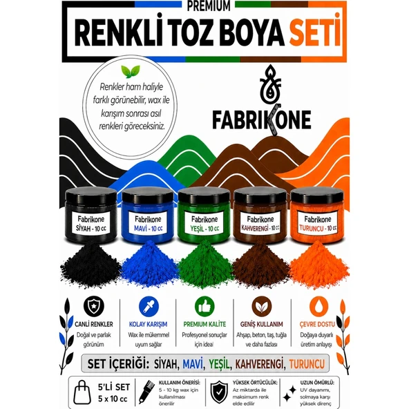 Toz Mum Boyası Seti 10 cc 5'li – Soya & Parafin Wax Için – Siyah, Mavi, Yeşil, Kahverengi, Turuncu BKFAB5SMYKHT10G ürün görseli 1