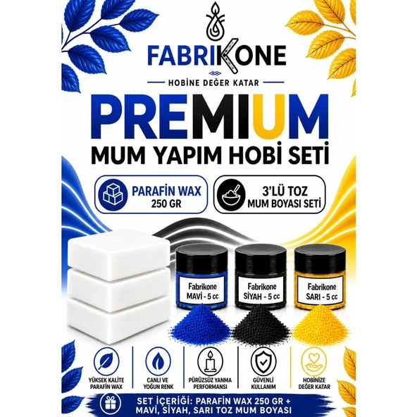 Premium Mum Yapım Hobi Seti - Parafin Wax 250 gr - 3'lü Toz Mum Boyası Seti - Mavi, Siyah, Sarı BKFABPW2503MSSR ürün görseli 1