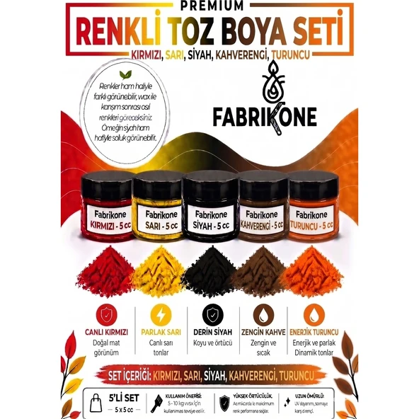 5'li Set Premium Parafin Soya Wax Toz Mum Boyası Hobi Seti - 5 cc (Kırmızı, Sarı, Siyah, Kahverengi, Turuncu) BKFAB5KSRSKHT5G ürün görseli 1