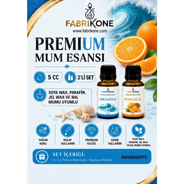 Premium Mum Esansı 5 cc 2'li Set - Okyanus, Portakal - Soya Wax, Parafin, Jel Wax ve Bal Mumu Uyumlu BKFAB2OKPT5 ürün görseli 1