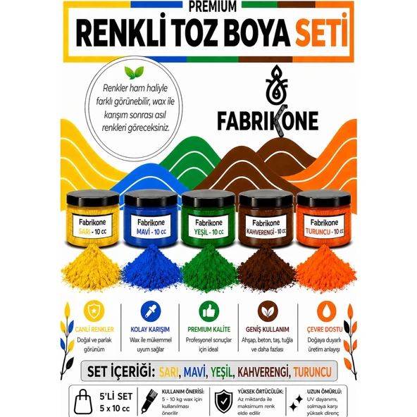 Toz Mum Boyası Seti 10 cc 5'li – Soya & Parafin Wax Için – Sarı, Mavi, Yeşil, Kahverengi, Turuncu BKFAB5SRMYKHT10G ürün görseli 1