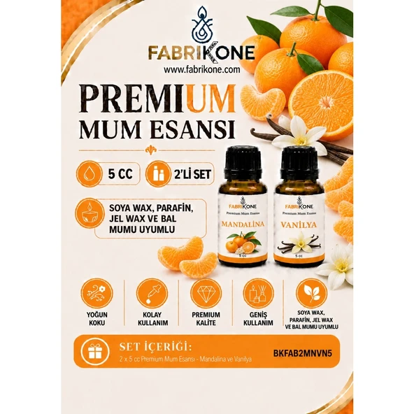 Premium Mum Esansı 5 cc 2'li Set - Mandalina, Vanilya - Soya Wax, Parafin, Jel Wax ve Bal Mumu Uyumlu BKFAB2MNVN5 ürün görseli 1
